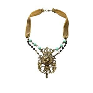 Vintage Brooch Statement Necklace Beaded Velvet Ribbon Handmade Jewelry Pendant